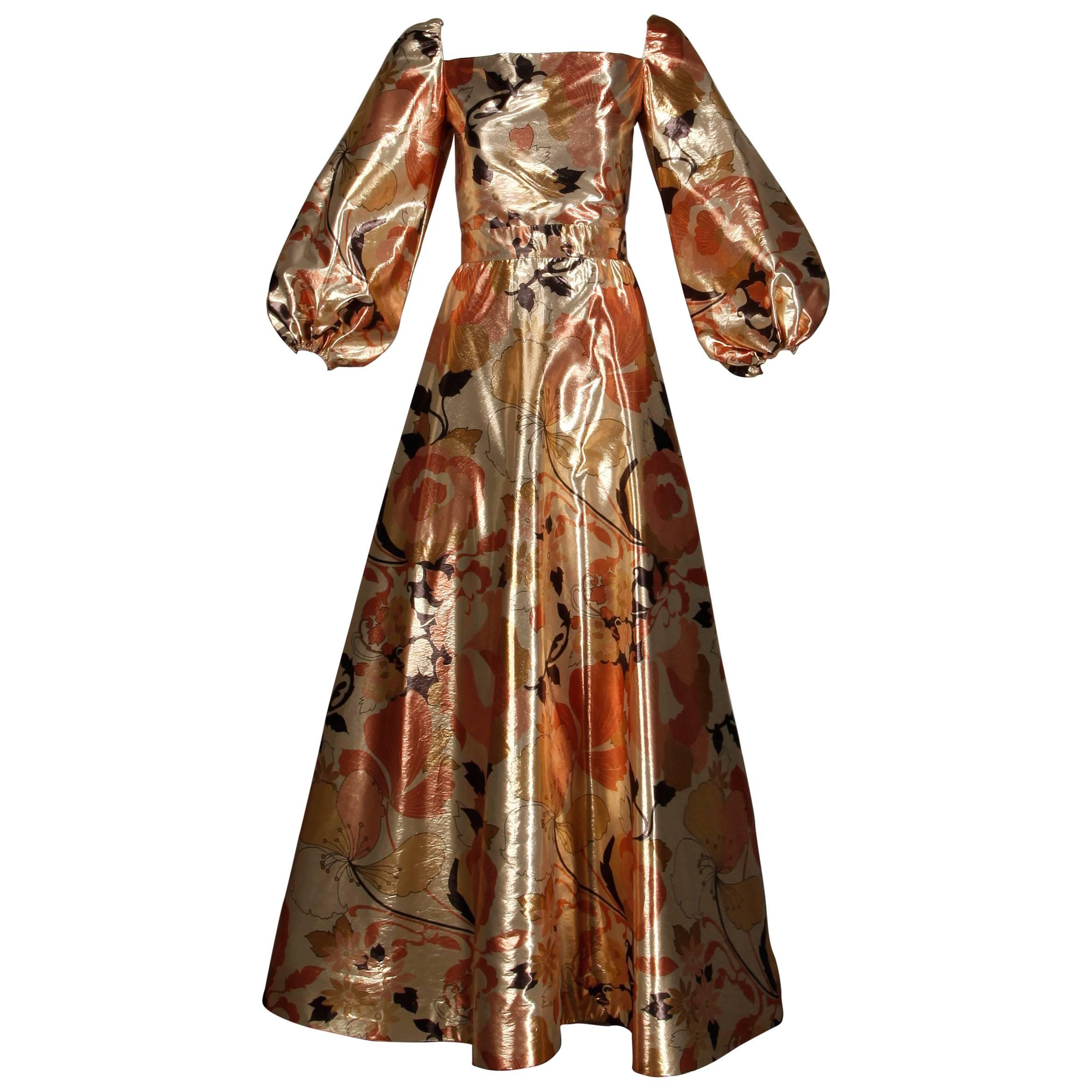 1970s Arnold Scaasi Vintage Metallic Gold Lamé Silk Dress/ Gown (Skirt + Top)