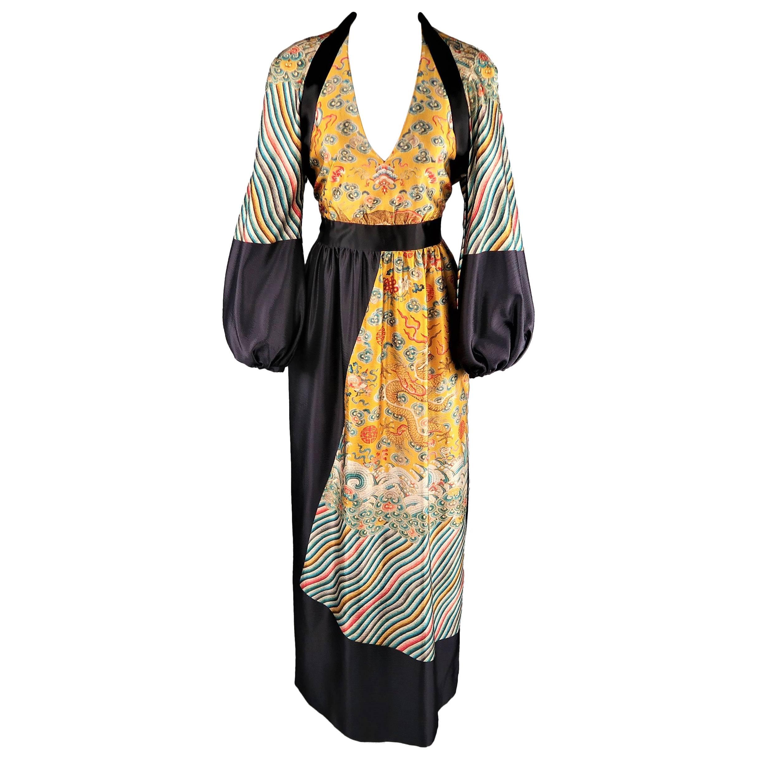 DRIES VAN NOTEN Dress -  Size 6 Gold & Black Wool / Silk Dragon Print Maxi