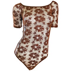 Rare Rifat Ozbek 1990s Choclate Brown French Lace 90s Vintage Bodysuit Top 