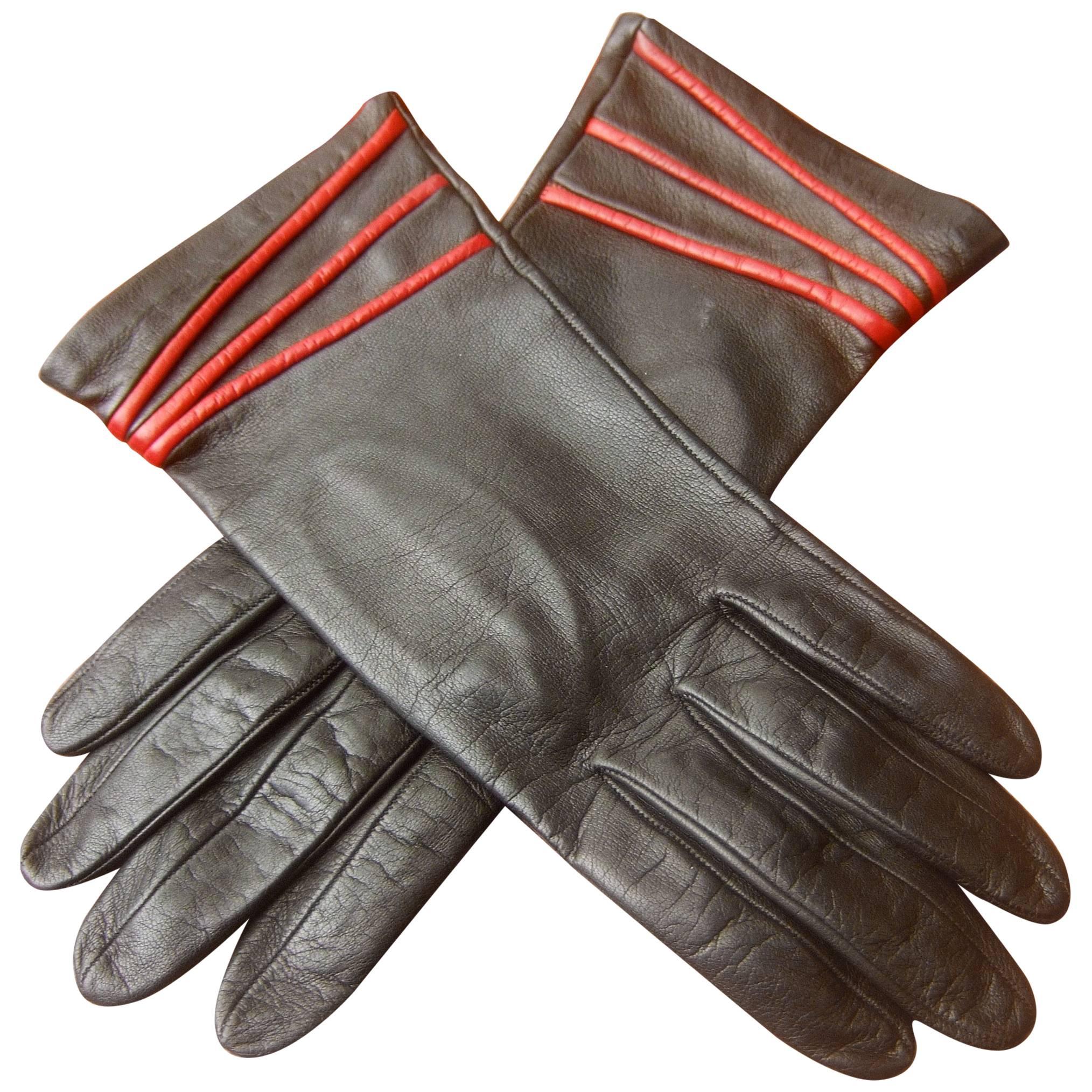Yves Saint Laurent Italian Ebony Leather Driving Gloves c 1980s 