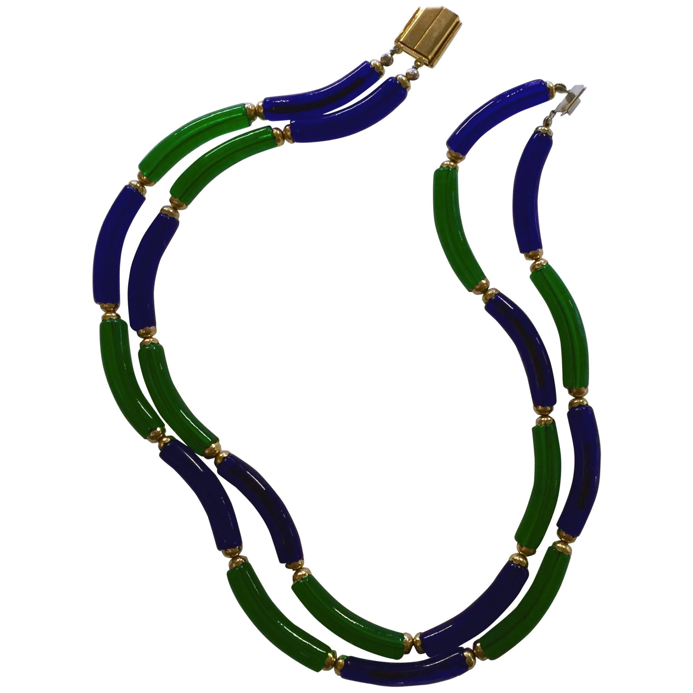 Archimede Seguso for CHANEL Cobalt and Emerald Tubular Glass Art Necklace For Sale