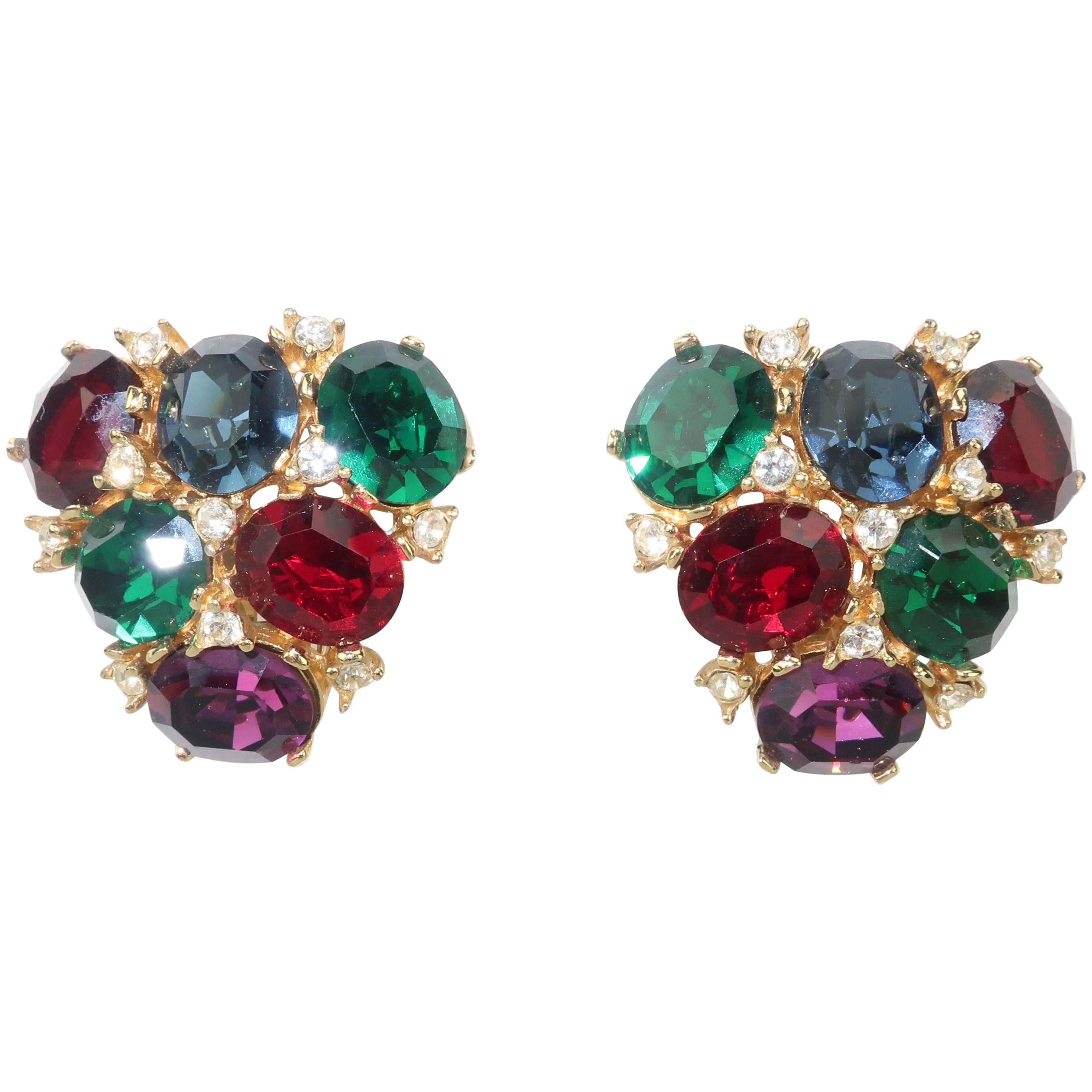 1980’s Ciner Multi Color Crystal Rhinestone Clip On Earrings