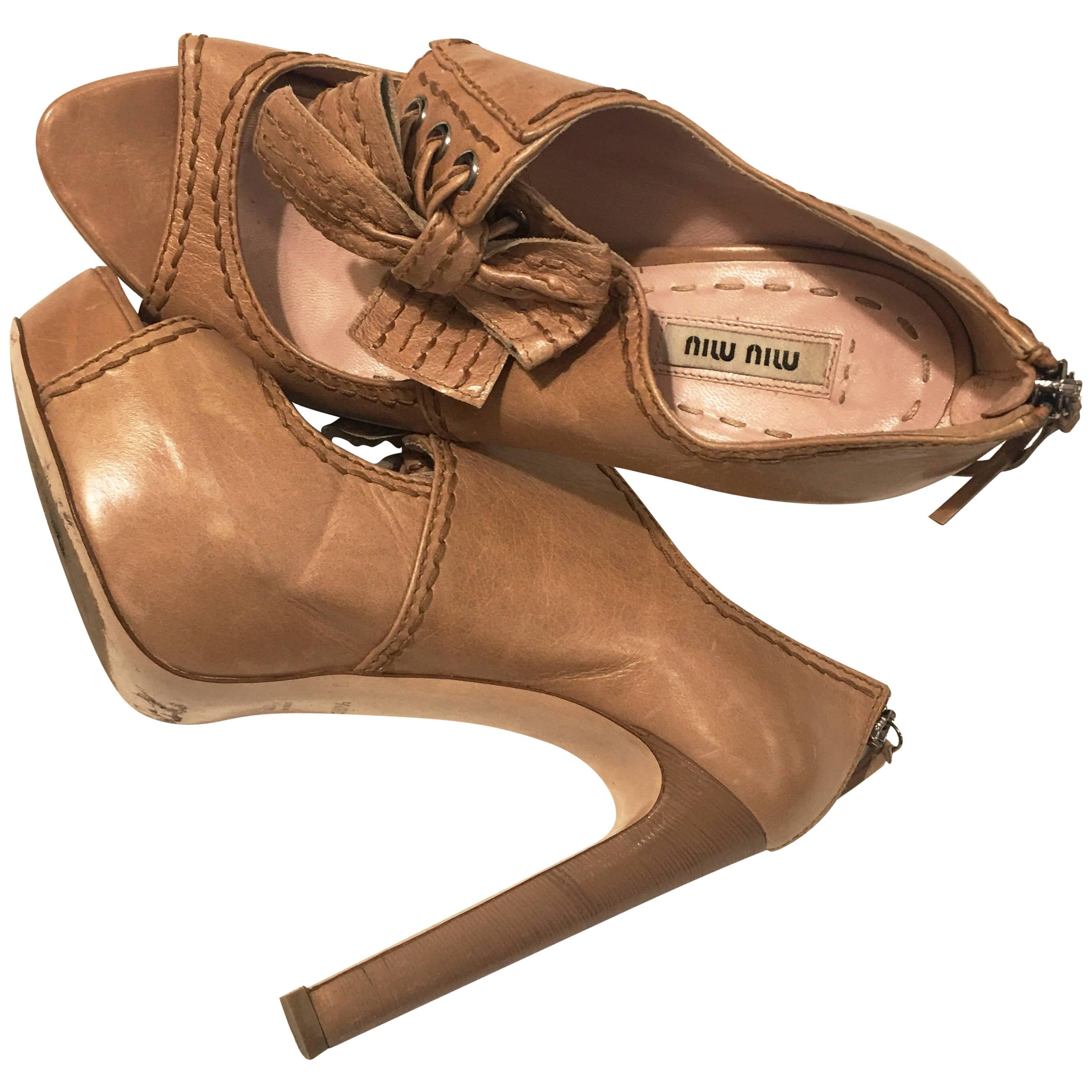 Miu Miu Beige “Mary Jane” Open Toe with Bow Pumps For Sale