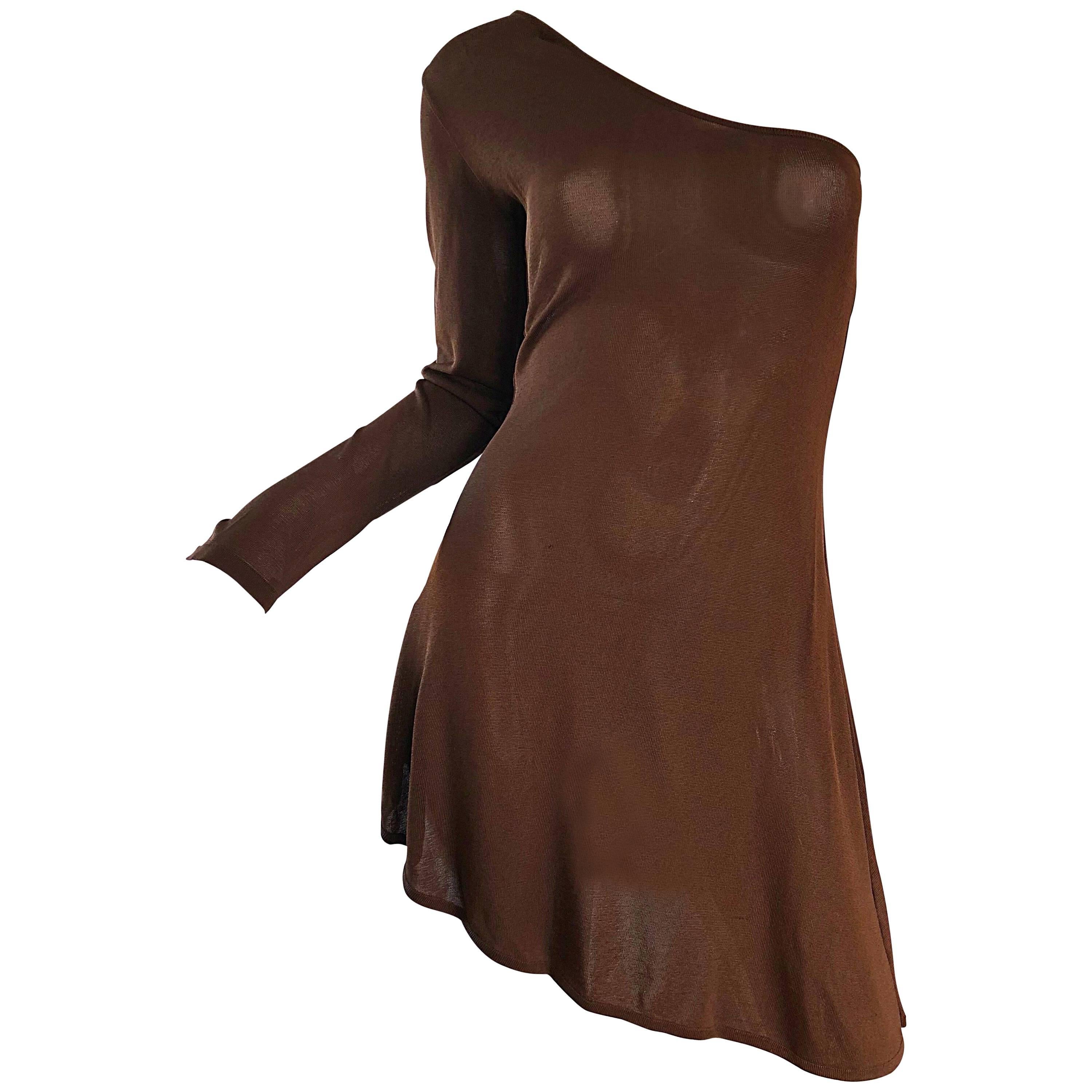 Alberta Ferretti Vintage 1990s Size 12 Brown One Shoulder 90s Mini Dress Tunic For Sale