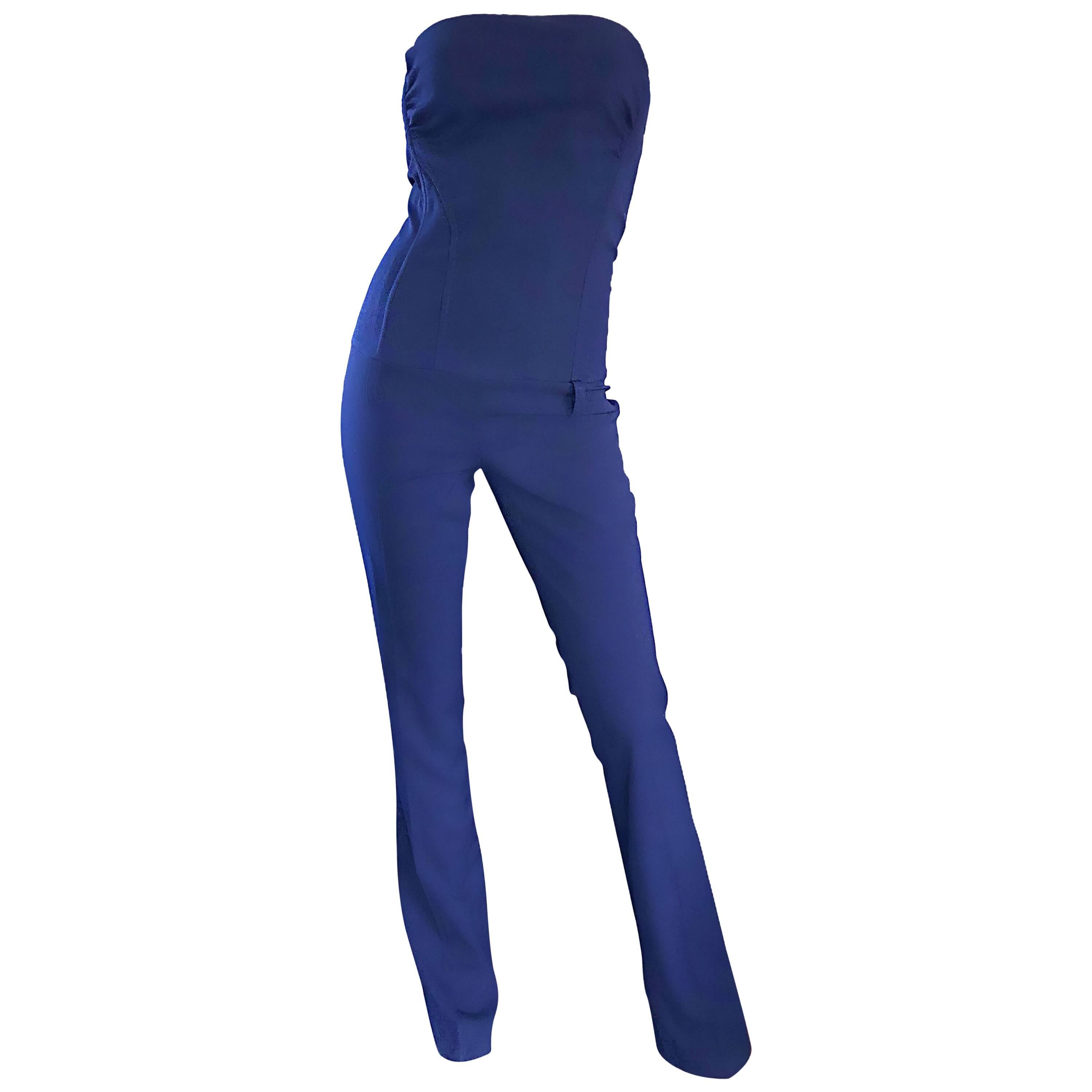 Elisabetta Franchi Navy Blue Italian Strapless Bootcut Tailored Wool Jumpsuit