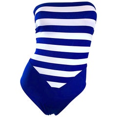 Bill Blass Navy Blue and White Striped Cut - Out One Piece Swimsuit, 1990s 