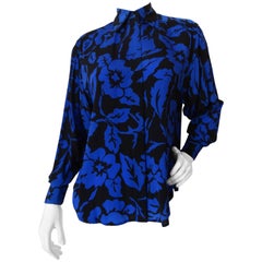 Vintage 1980s Christian Dior Black & Blue Tropical Print Shirt