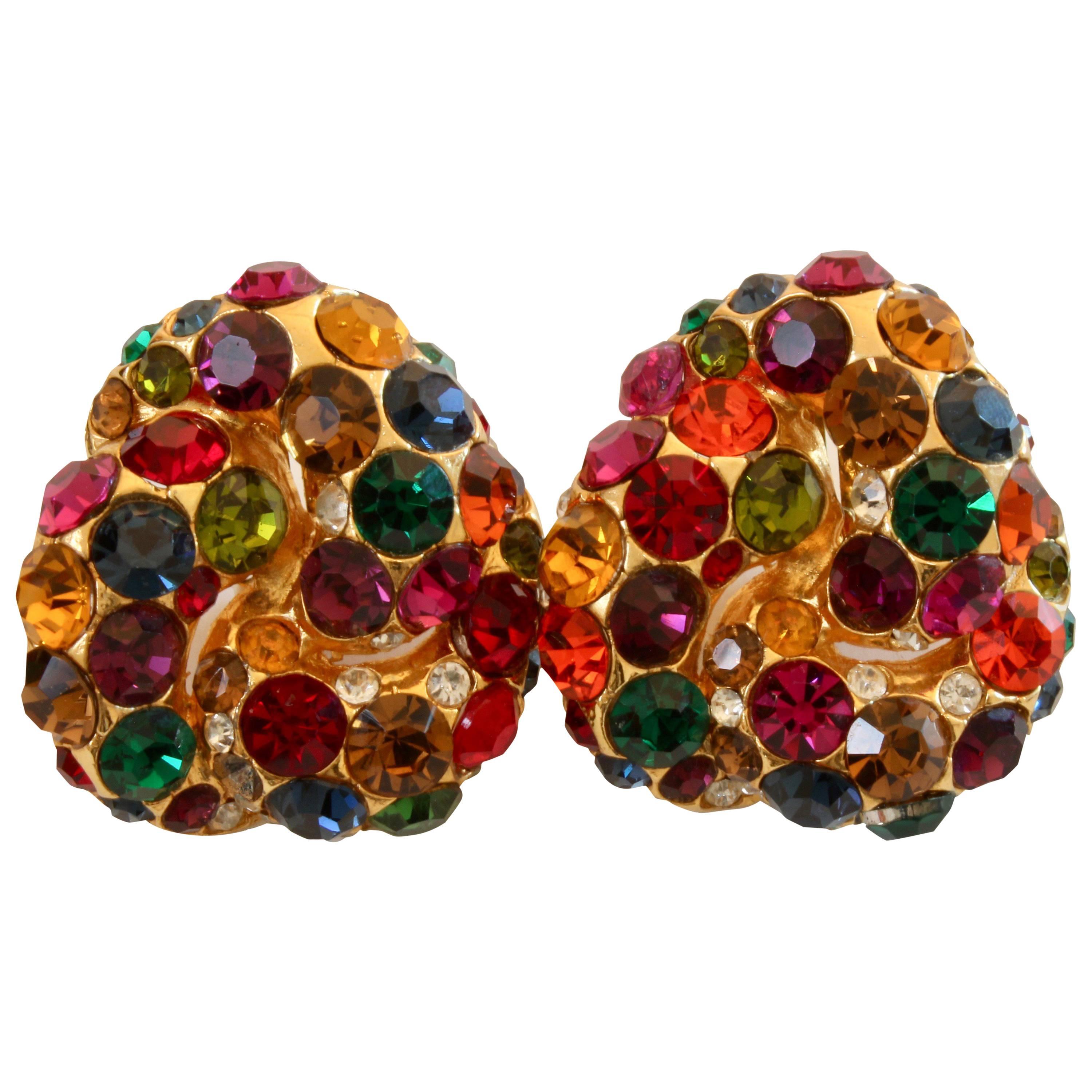 Blanca Large Abstract Earrings Clip Style Statement Multicolor Rhinestones 80s