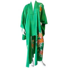 Vintage Japanese Green Floral Printed Kimono 