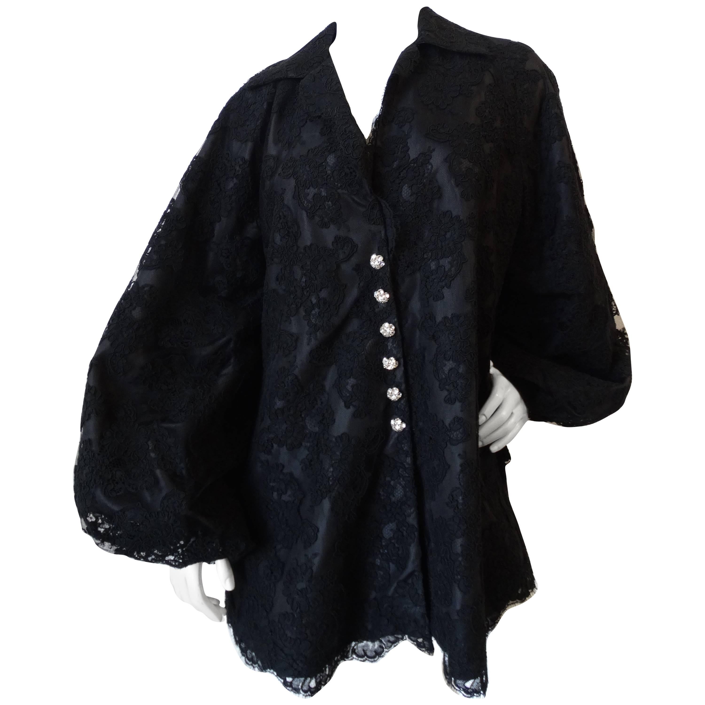 1960s Black Lace Dramatic Bell Sleeve Coat 