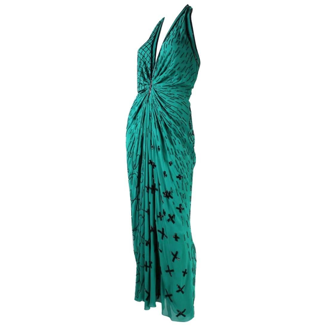 1990's Fabrice Emerald Green Beaded Halter Gown For Sale