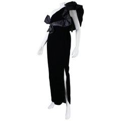 1980's Adolfo Asymmetrical Velvet Gown with Ruffled Shoulder