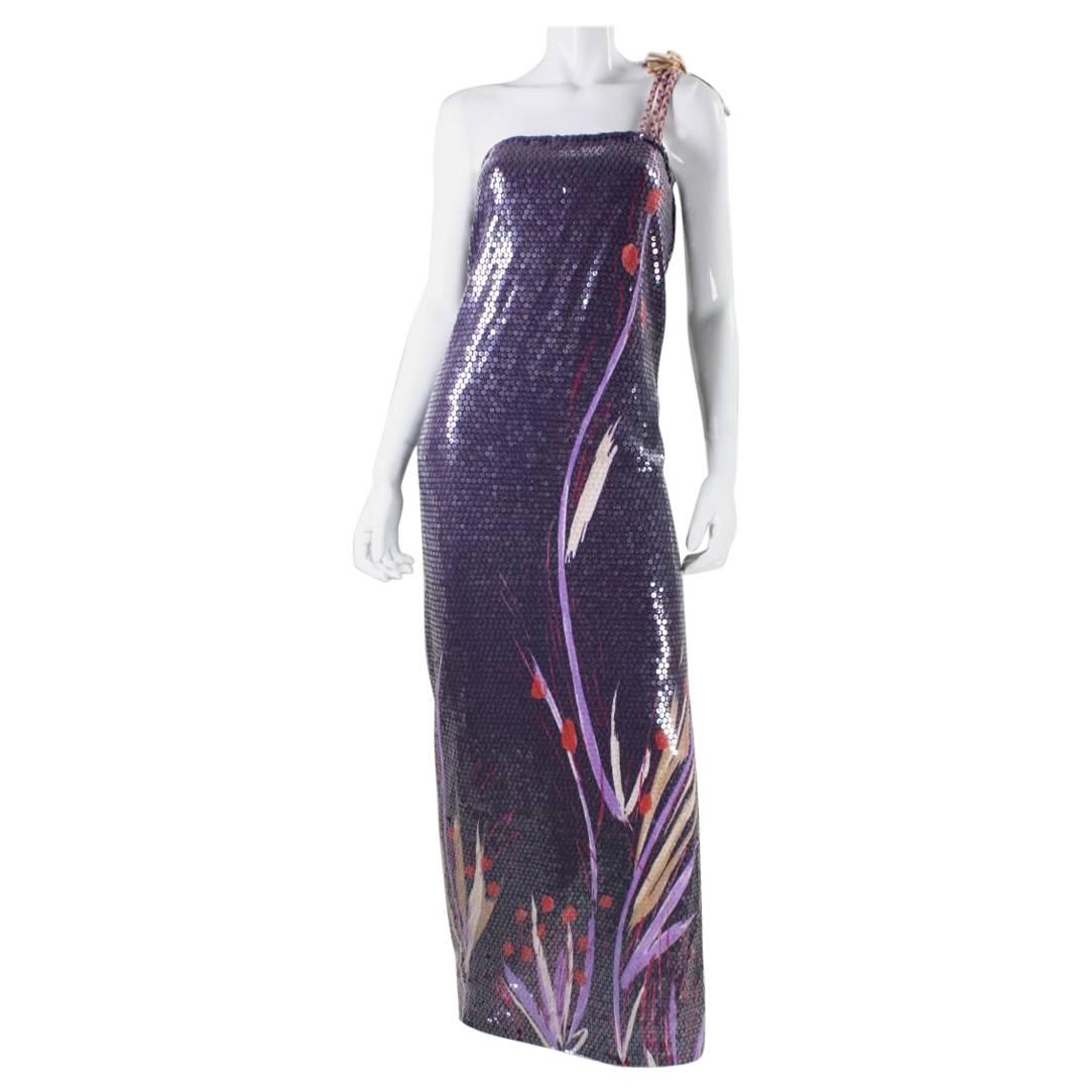 1970's Anonymous One-Shouldered Sequined Gown For Sale