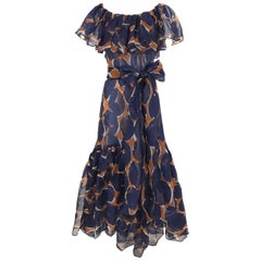 Vintage Yves Saint Laurent Blue and Brown Print Flamenco Style Silk Dress