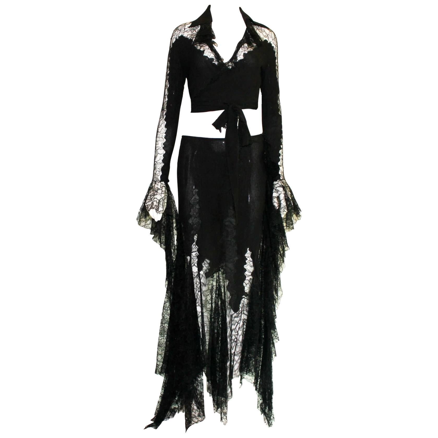 Breathtaking Gianni Versace Couture 1990s Black Silk & Lace Ensemble 