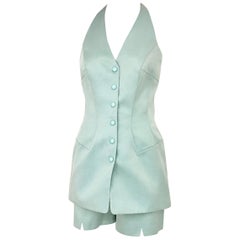 Vintage Thierry Mugler light turquoise blue Halter Top and shorts set
