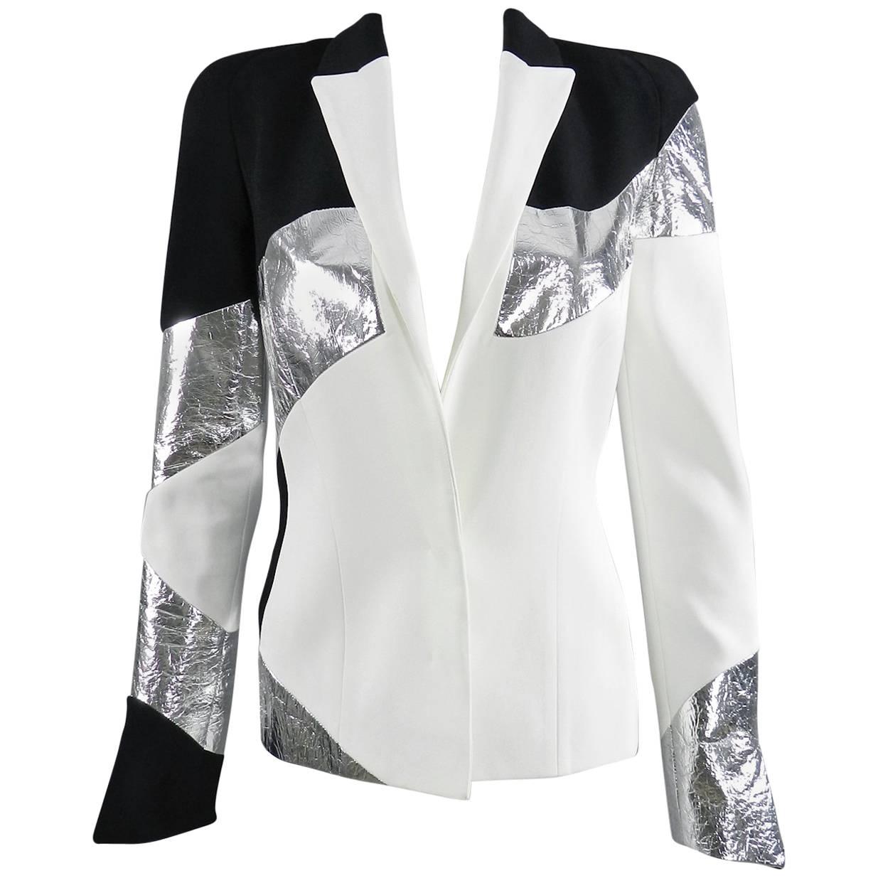 Mugler Resort 2017 Black White Silver Metallic Leather Color Block Jacket