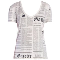 2000S JOHN GALLIANO White & Black Cotton Knit Newspaper Print V Neck T-Shirt