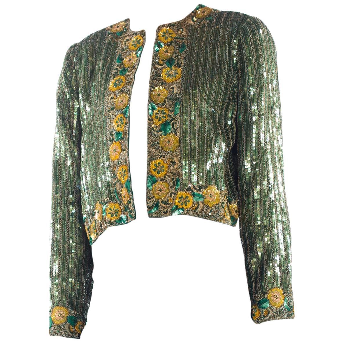 1980S RICHILENE Emerald Green Silk Jacket Beaded With Gold Flowers & Embroidery