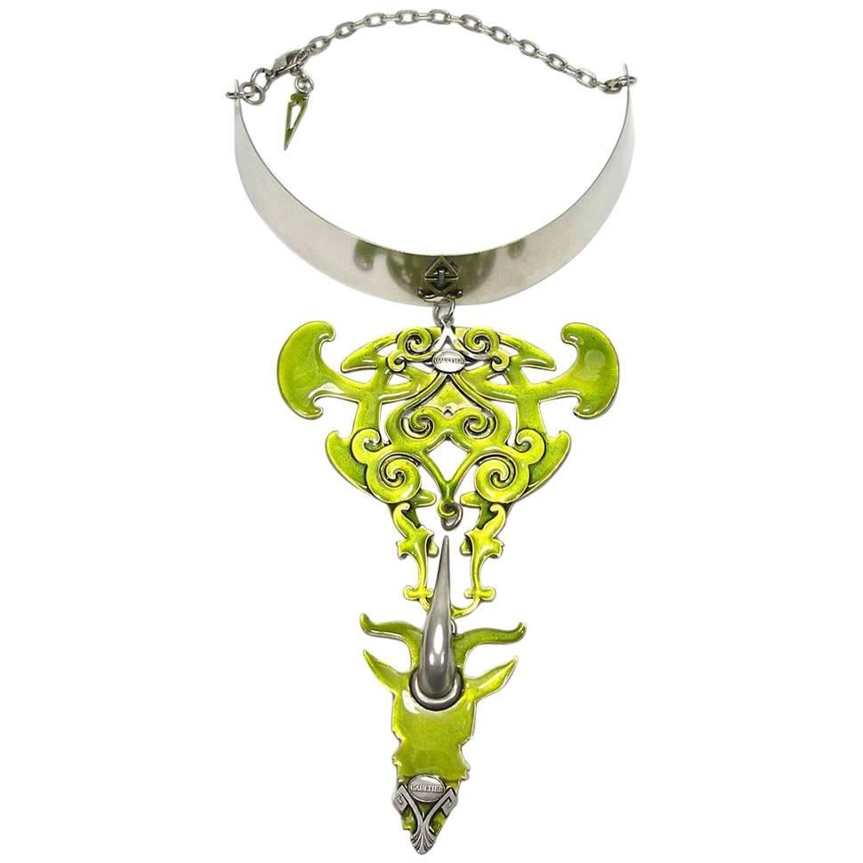 Circa 1995's Stunning Jean Paul Gaultier Tribal Apple Green Enamel Necklace For Sale