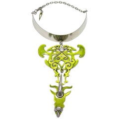 Circa 1995's Stunning Jean Paul Gaultier Tribal Apple Green Enamel Necklace