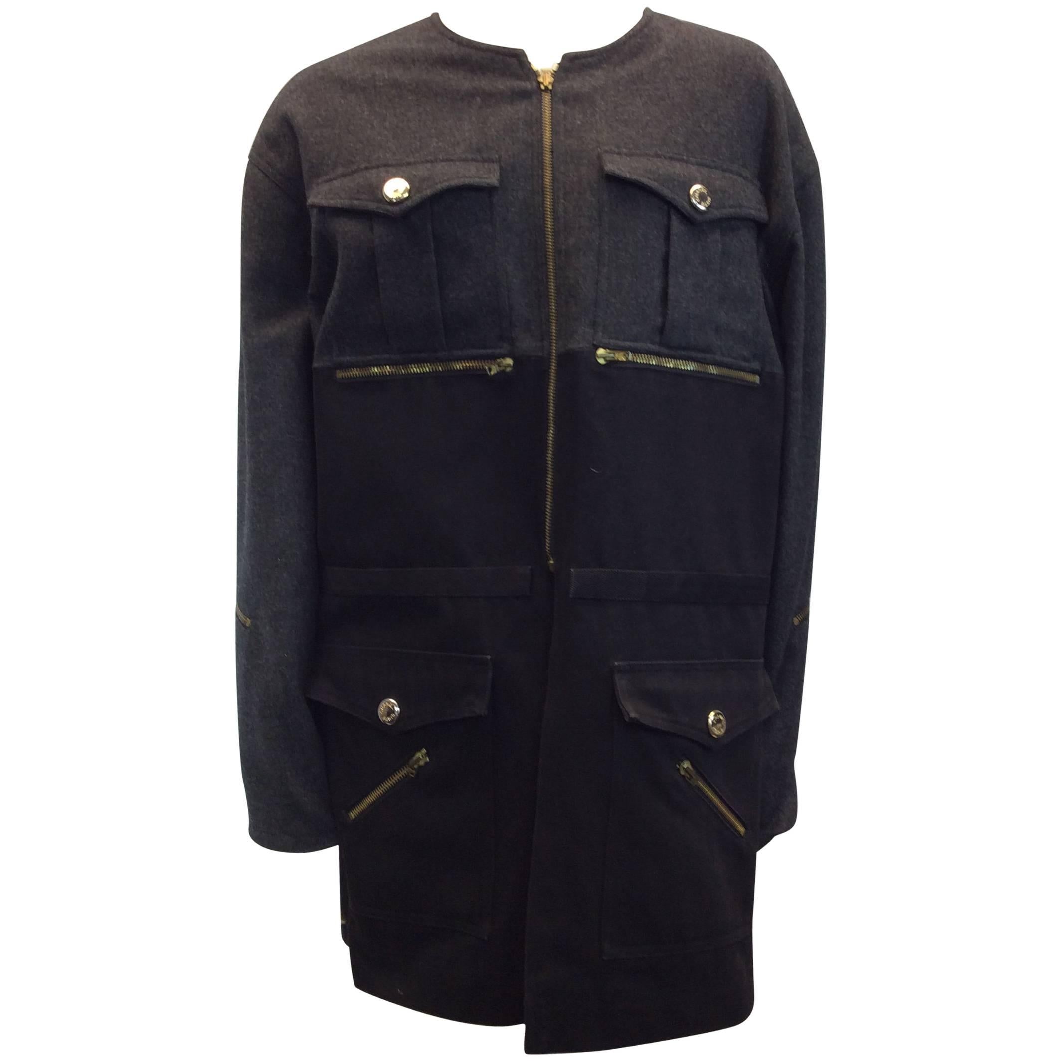 Chanel Color Block Gray/Black Wool Zip Coat For Sale