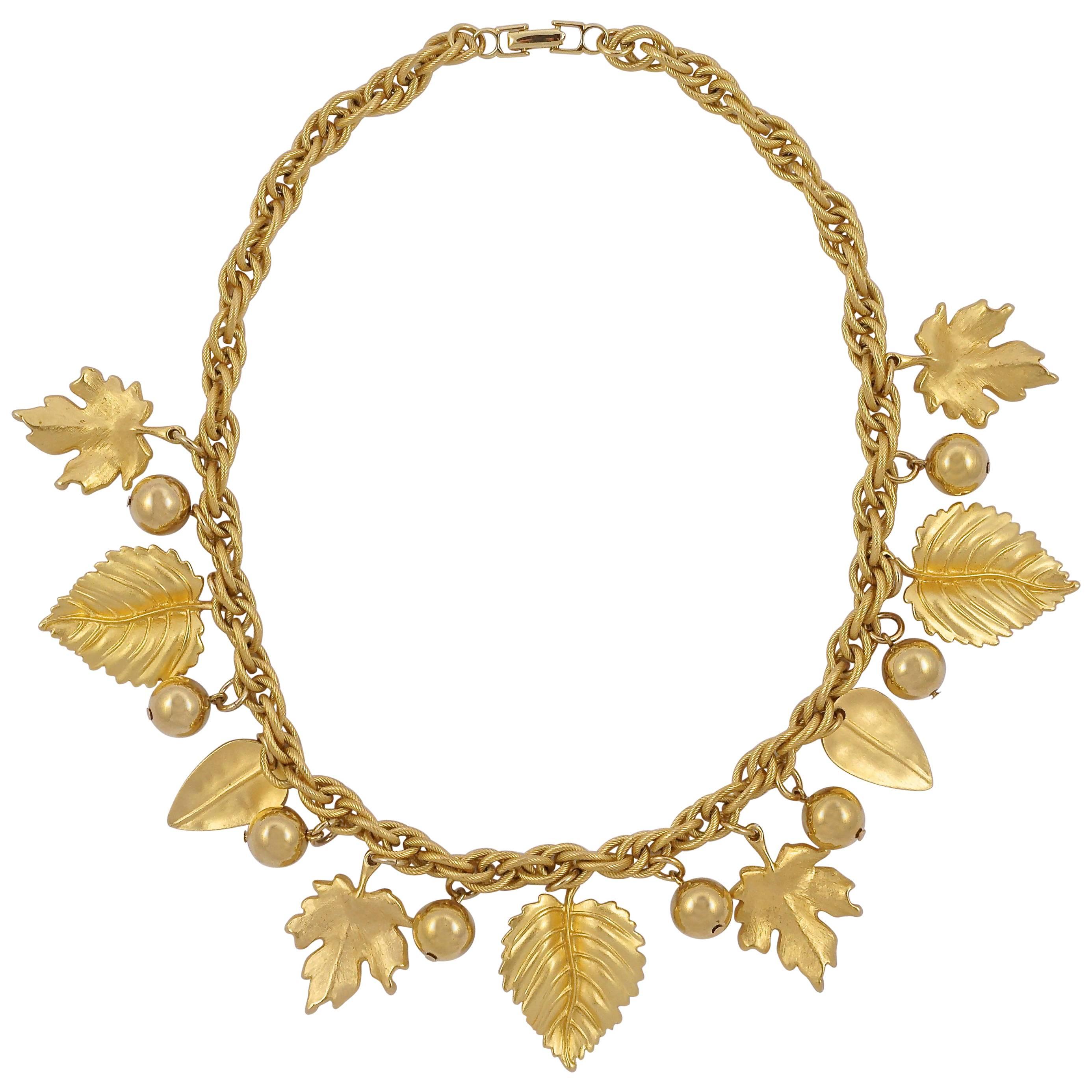 Napier 1980s Gold Plated Fancy Link Chain Leaf and Ball Necklace