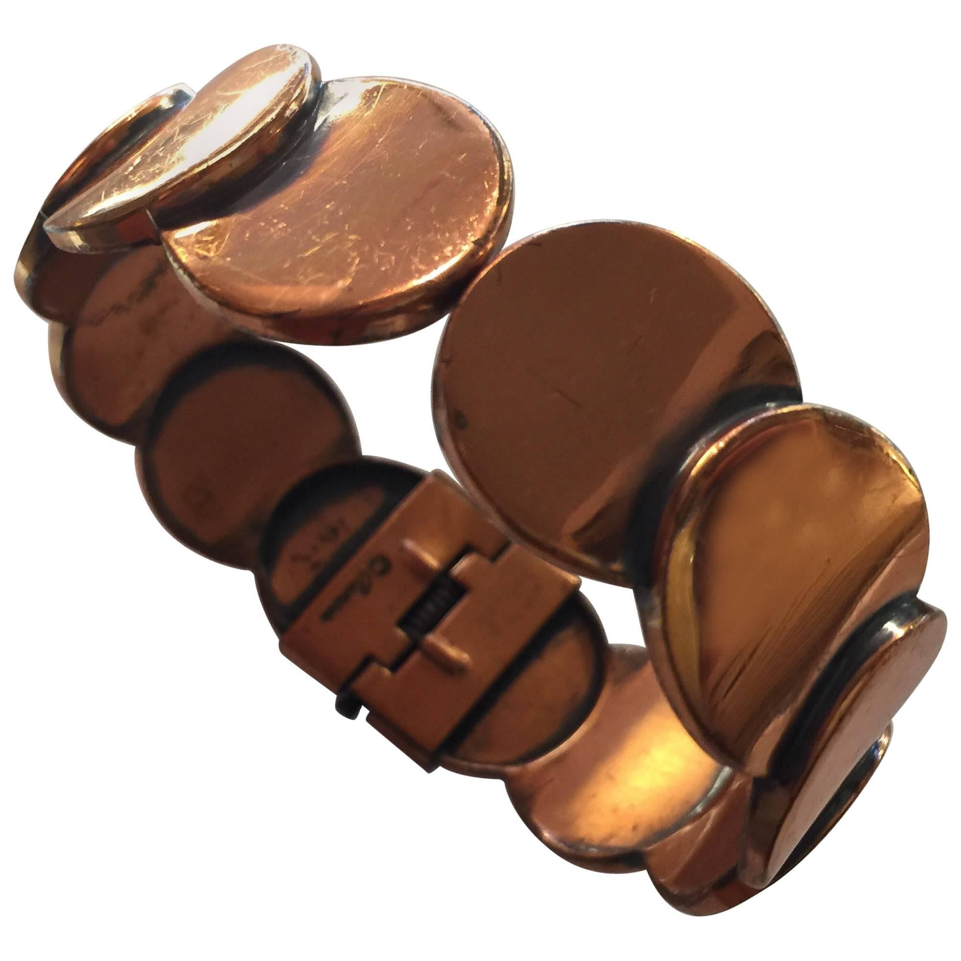 Renoir of California Mid Century Modernist Copper Hinged Bracelet For Sale