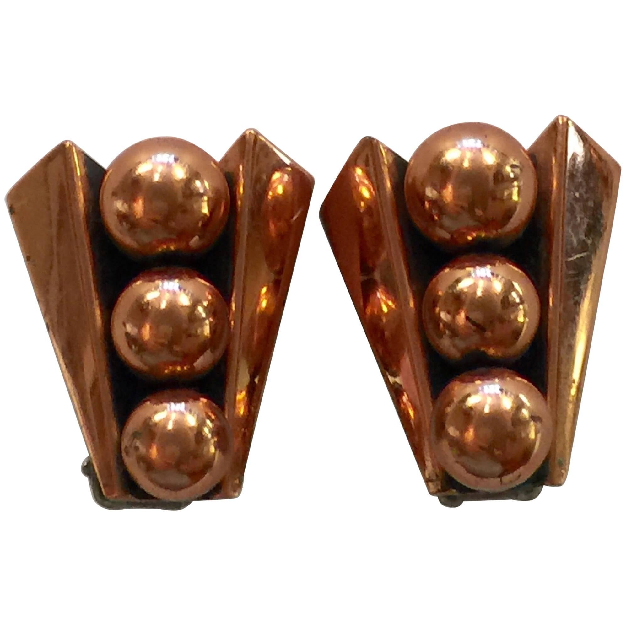Renoir of California Mid Century Modernist Copper Machined Clip On Earrings For Sale