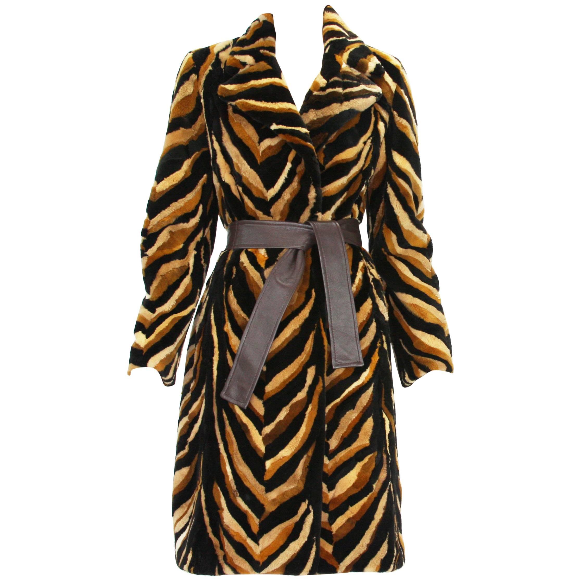 Vintage Gianni Versace Couture Mink Chevron Pattern Belted Coat It. 42 For Sale