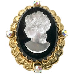 Vintage German Gold Filigree Carved Glass Cameo & Austrian Crystal Brooch