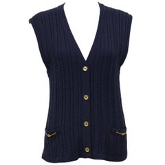 1970s Celine Sport Navy Blue Cable Knit Vest