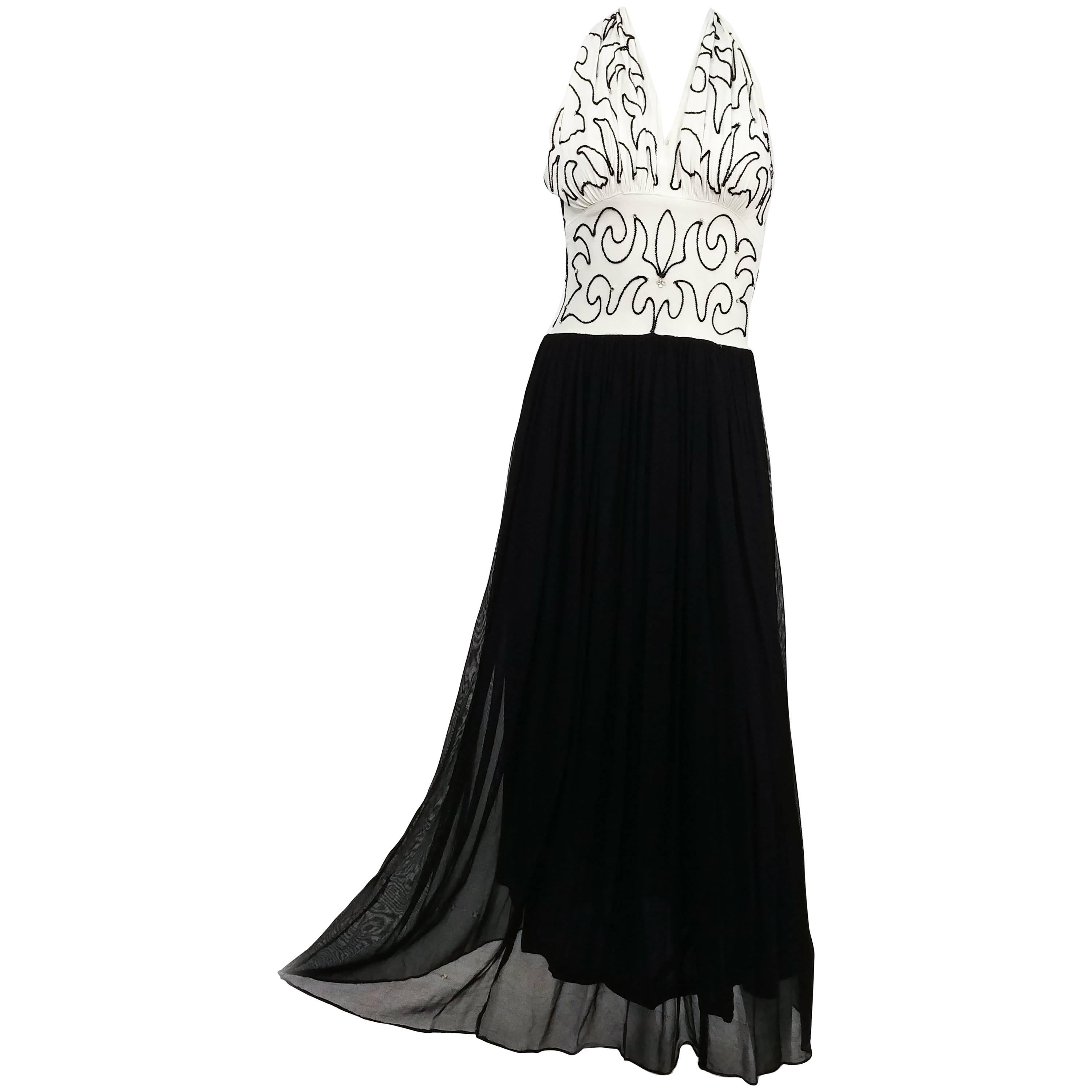 1930s Black & White Beaded Halter Evening Dress For Sale