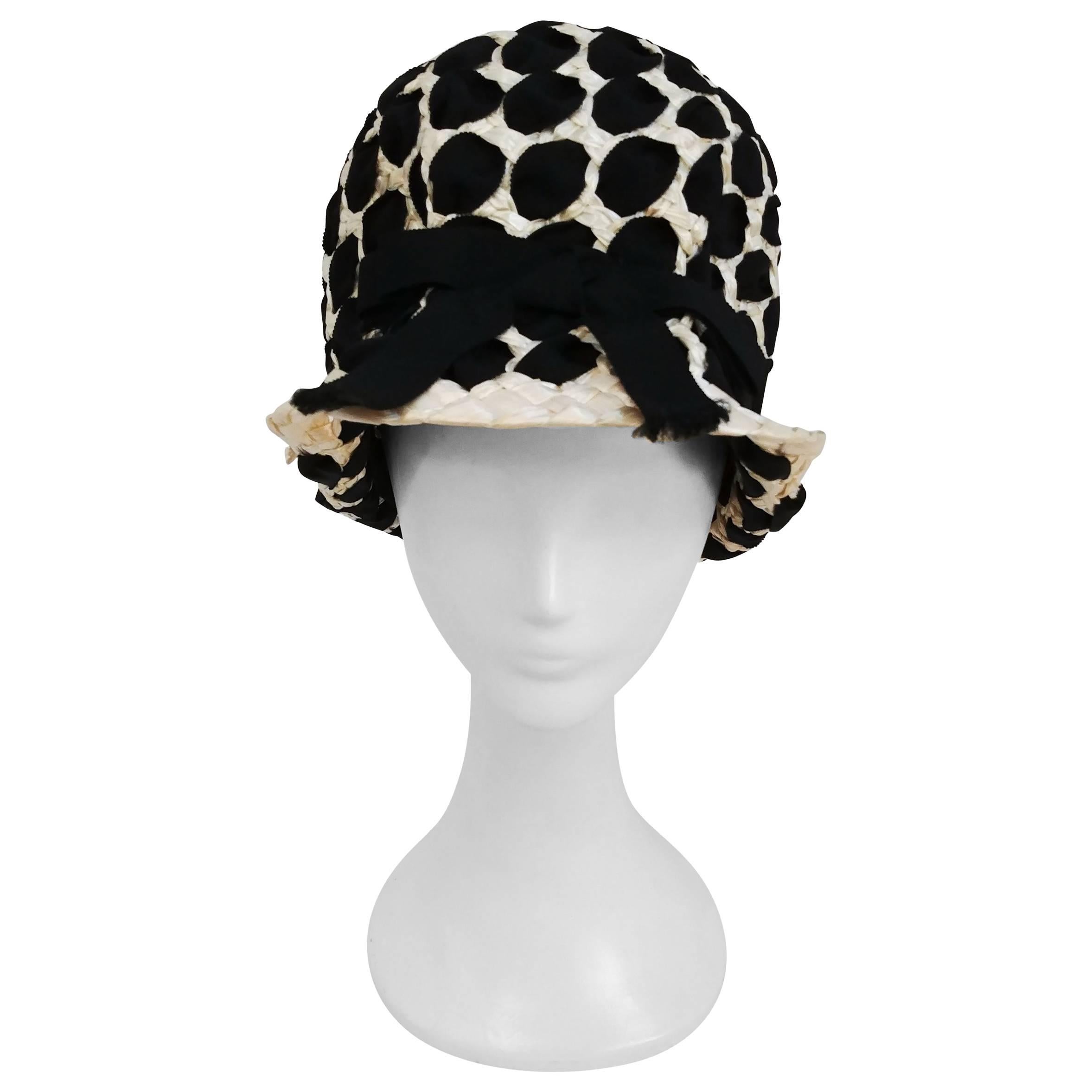 1960s Mr. John Black & White Raffia Ribbon Cloche Mod Hat