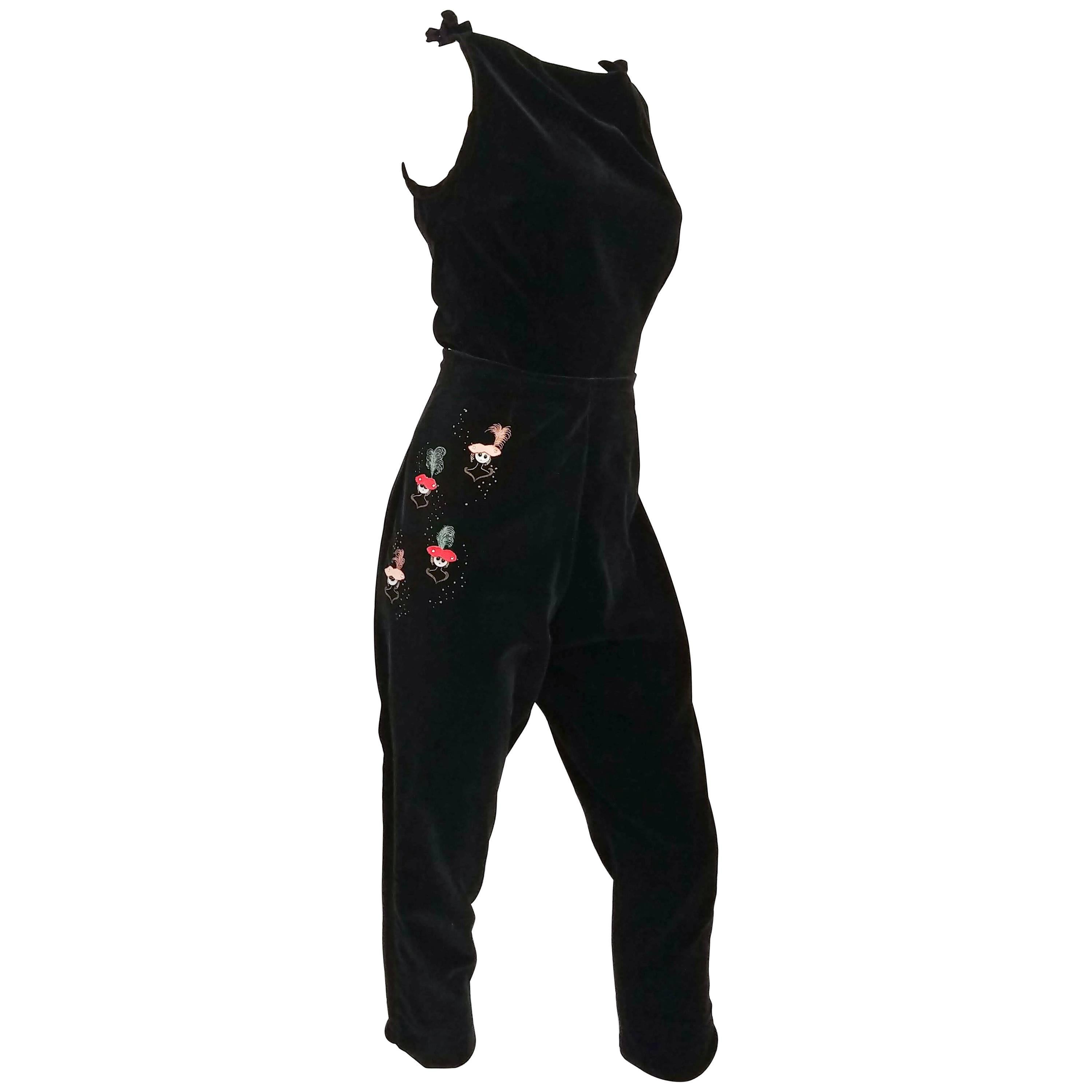 1950s Black Velveteen Top & Embellished Capri Pant Set For Sale