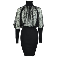 Jean Paul Gaultier Black Lace and Wool Knee Length Knit Dress