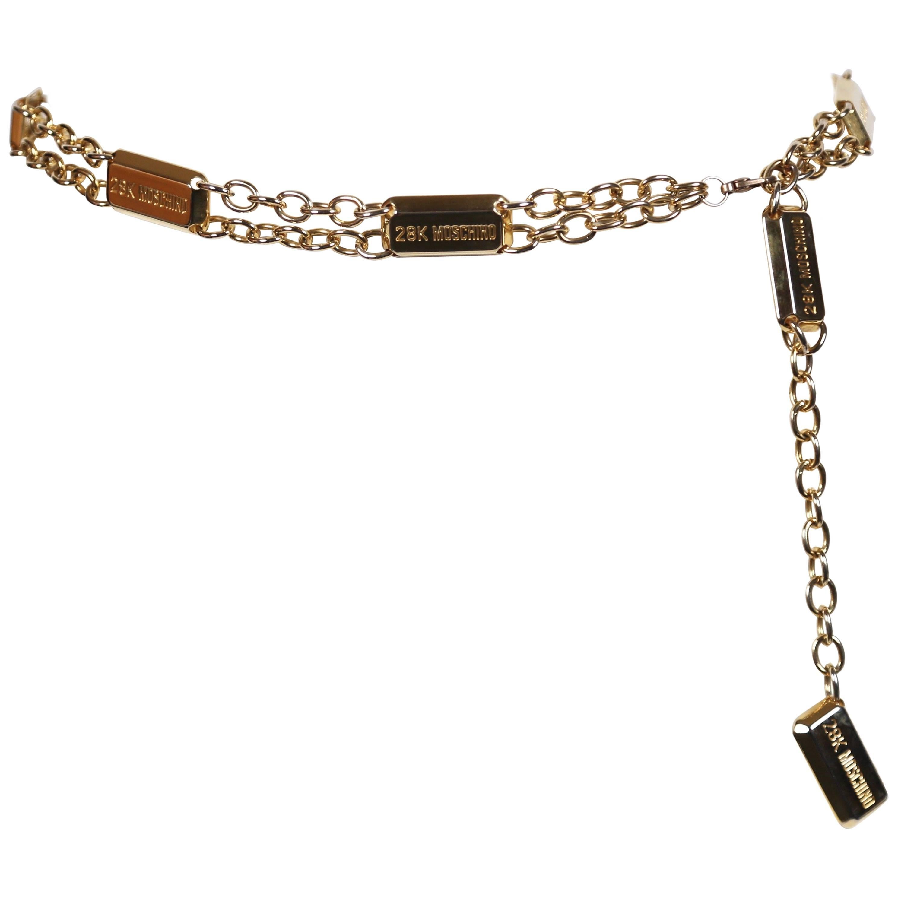 1990's MOSCHINO '28k Moschino' gold bar Chain Belt For Sale at 1stDibs