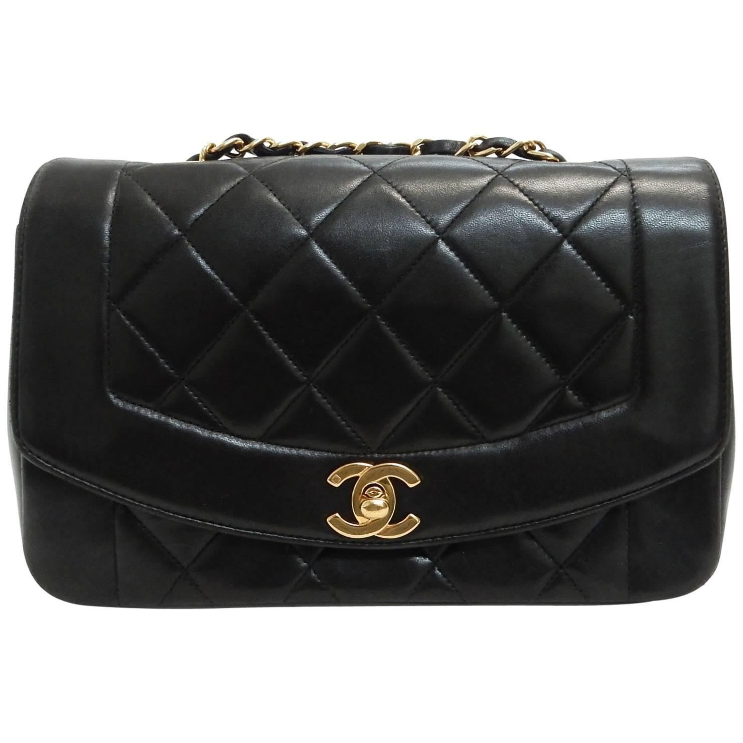 Chanel Diana Black Lambskin Gold Chain Shoulder Bag 