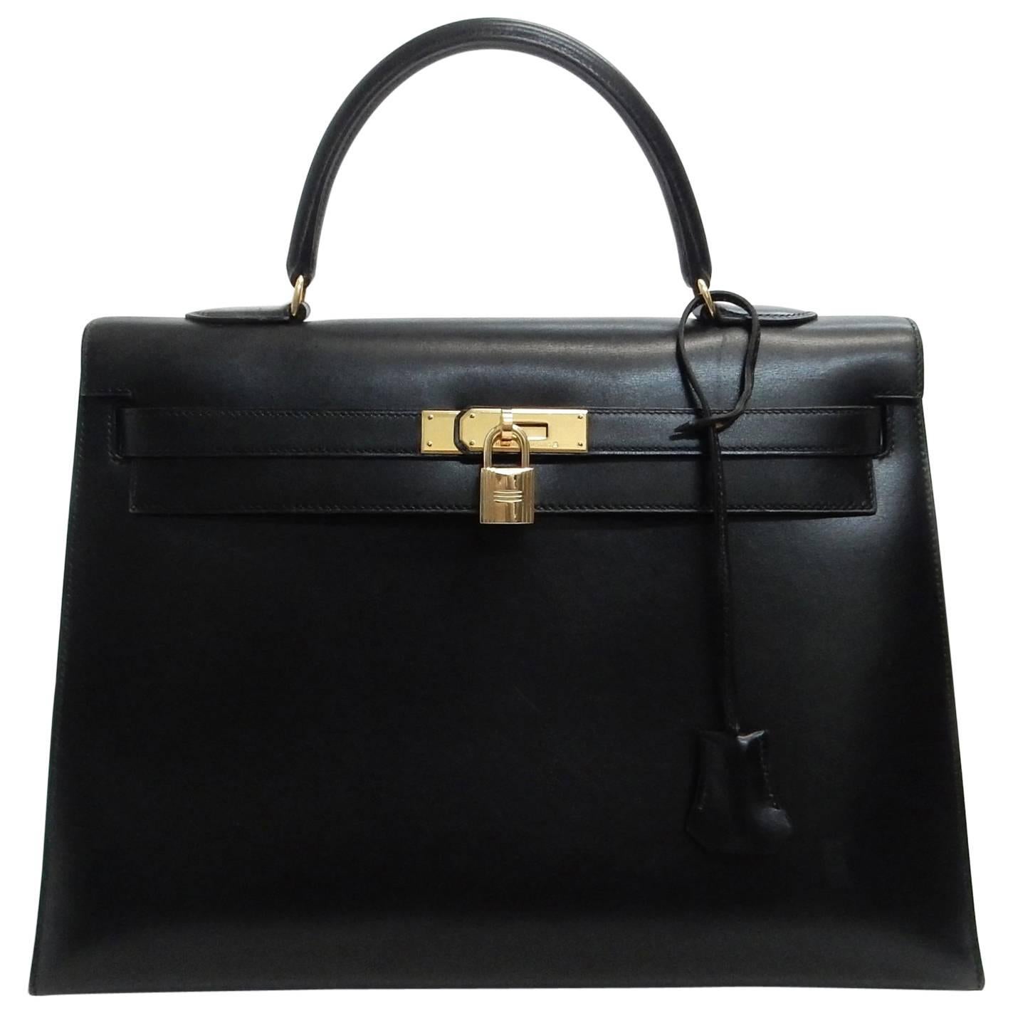 Hermes Black Kelly 35 Box Calfskin Satchel Bag with No Strap