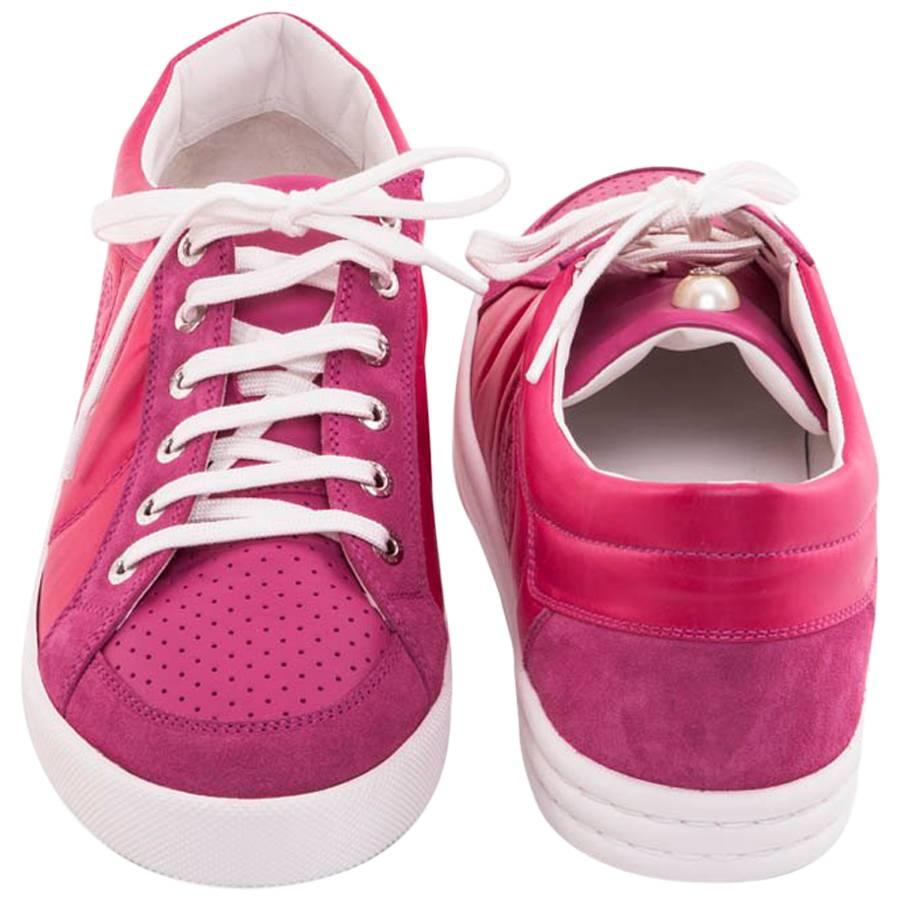 CHANEL Tennis Sneakers in Fuchsia Pink Velvet Leather and Suede Size 40.5FR