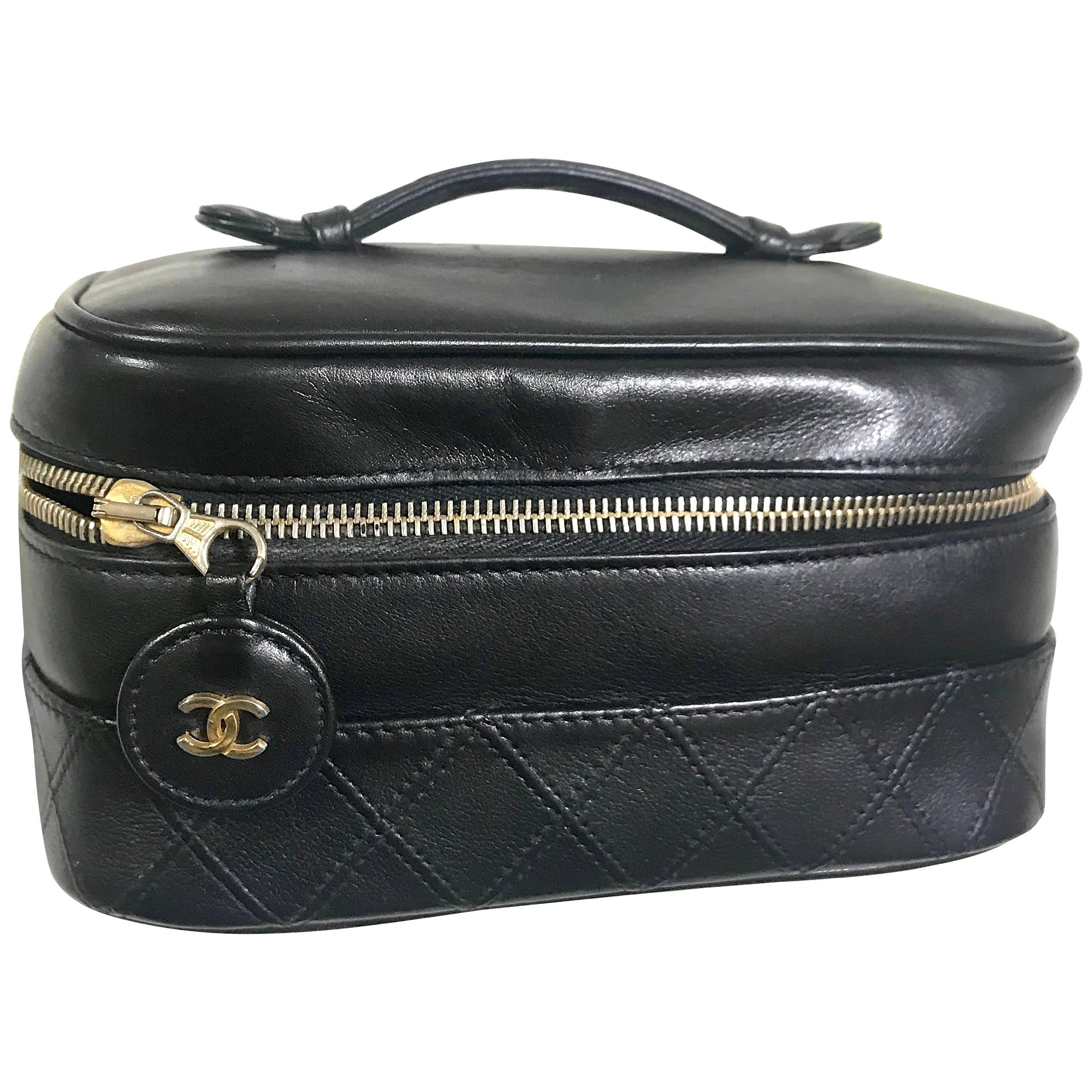 Chanel Vintage calfskin classic cosmetic and toiletry black pouch, vanity bag For Sale