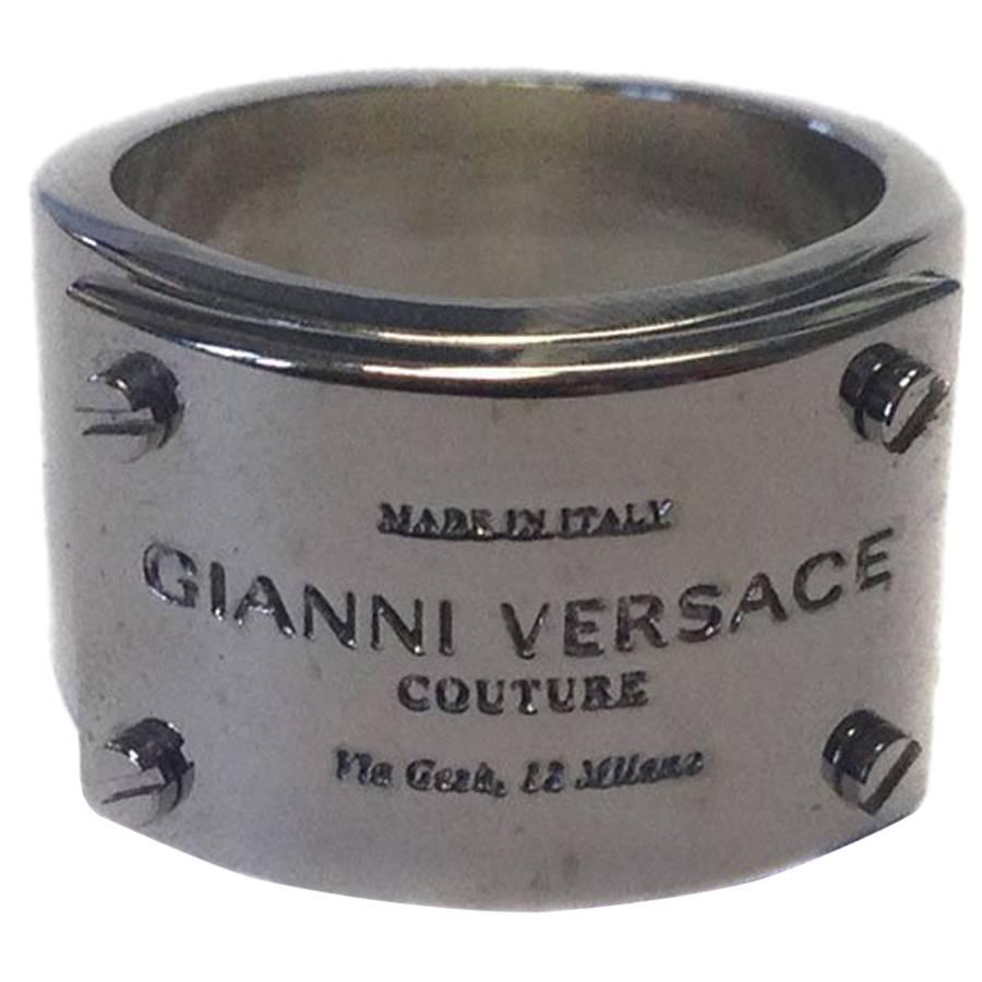 VERSACE Unisex Band Ring in Palladium-Plated Brass Metal Size 60FR
