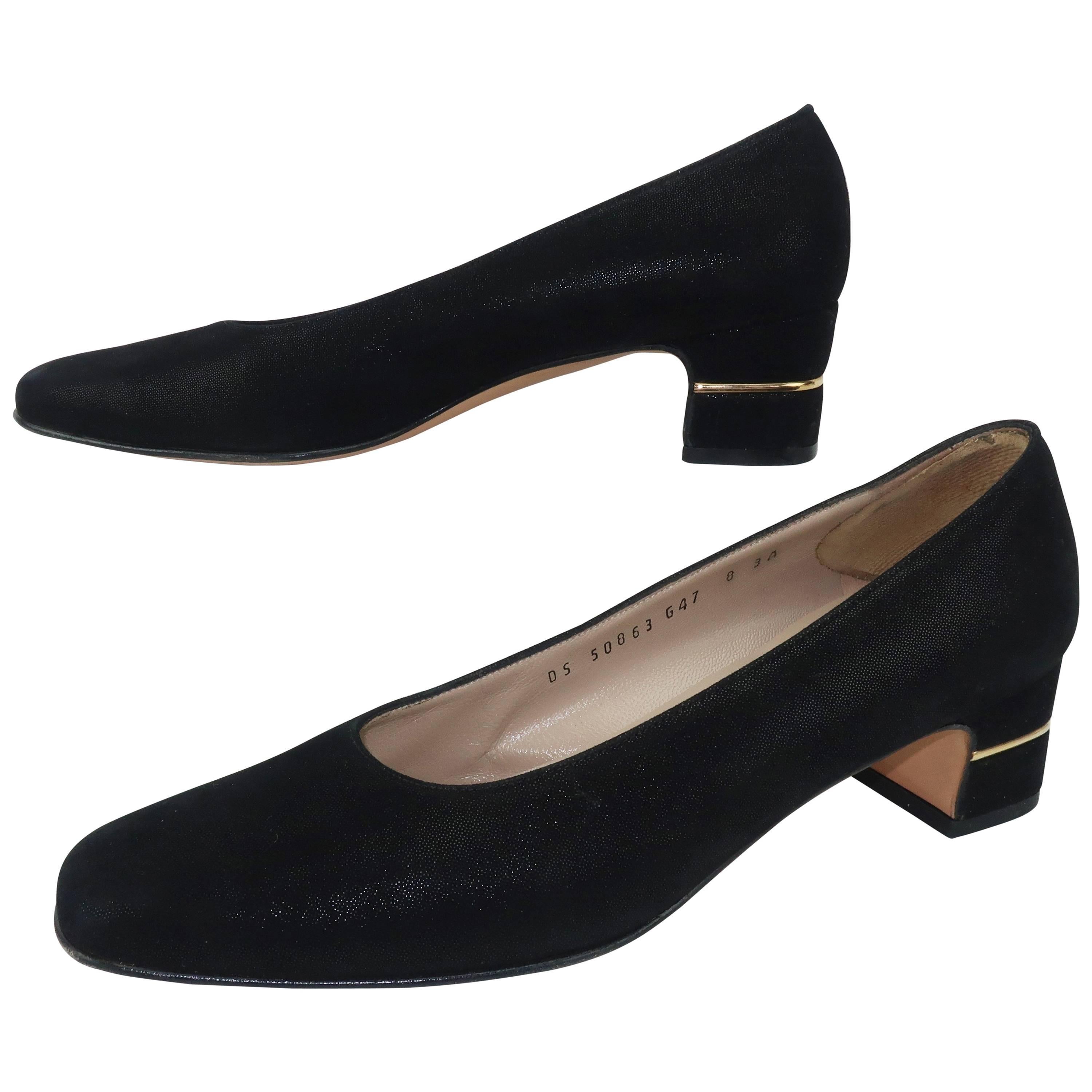 Ferragamo Vintage Laminated Black Suede Shoes With Gold Details