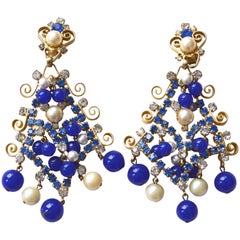 KJL Blue Bead and Rhinestone Earrings, 1960s