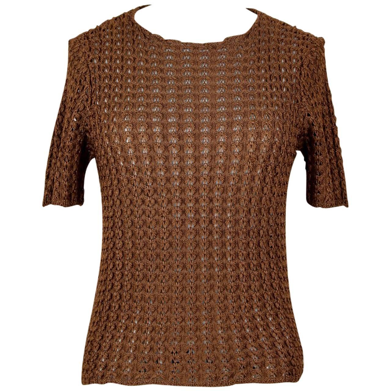 Yves Saint Laurent YSL Brown Openwork Knit Pullover Sweater Top, 1980s  For Sale