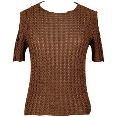 Yves Saint Laurent YSL Brown Openwork Knit Pullover Sweater Top, 1980s 