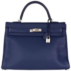 Vintage 2014 Hermes Bleu Saphir Togo Leather Kelly 35cm Retourne 