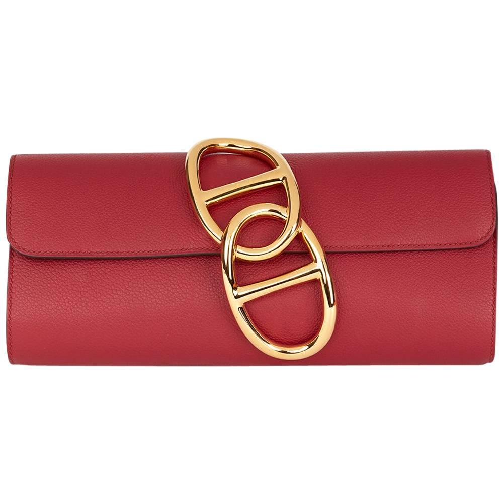 2016 Hermes Rouge Grenat Evergrain Leather Egee Clutch