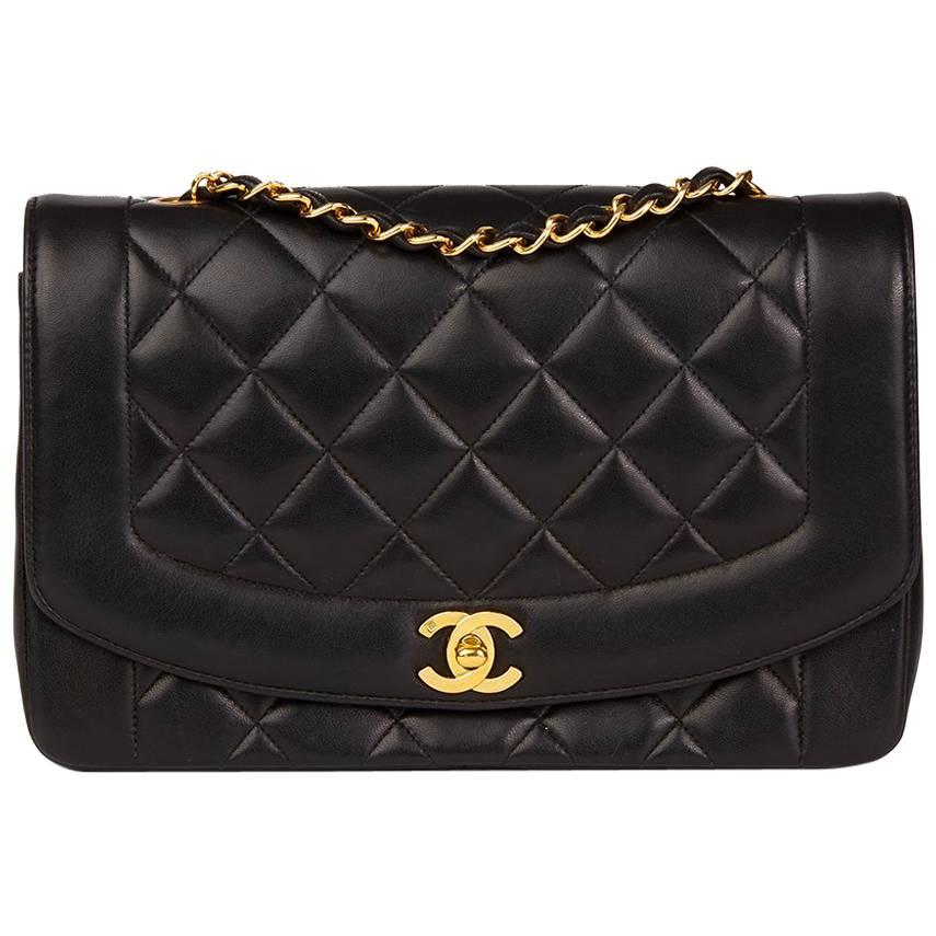 1994 Chanel Black Quilted Lambskin Vintage Medium Diana Classic Single Flap Bag 