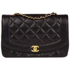 1994 Chanel Black Quilted Lambskin Vintage Medium Diana Classic Single Flap Bag 